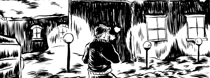 Kuva on Elina Lahdenperän sarjakuva, ja siinä on ihmishahmo pakkasmaisemassa talon edessä.