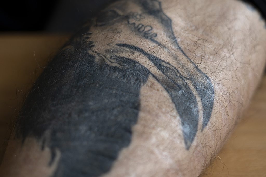 Kuvassa on tatuoitu käsivarsi, jossa näkyy tatuoidun linnun nokkaa, päätä ja vartaloa.