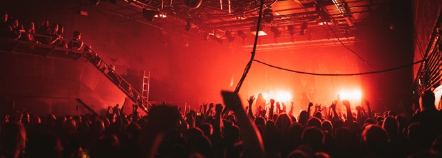 Kuvassa on punahehkuinen konserttisali, etualalla yleisöä takaapäin kuvattuna