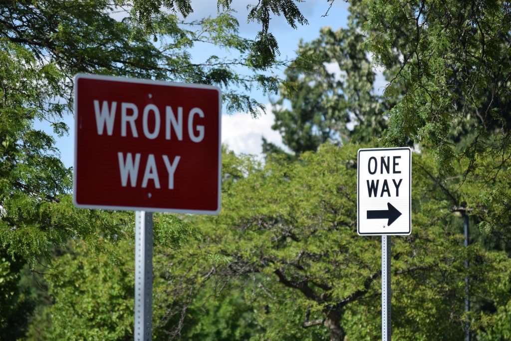 Kuvassa on näkyvillä puita sekä kaksi kylttiä, joista toisessa, puhaisessa, kulee wrong way, ja toisessa, valkoisessa one way.