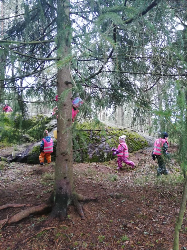 lapsia leikkimässä metsässä, iso puu keskellä