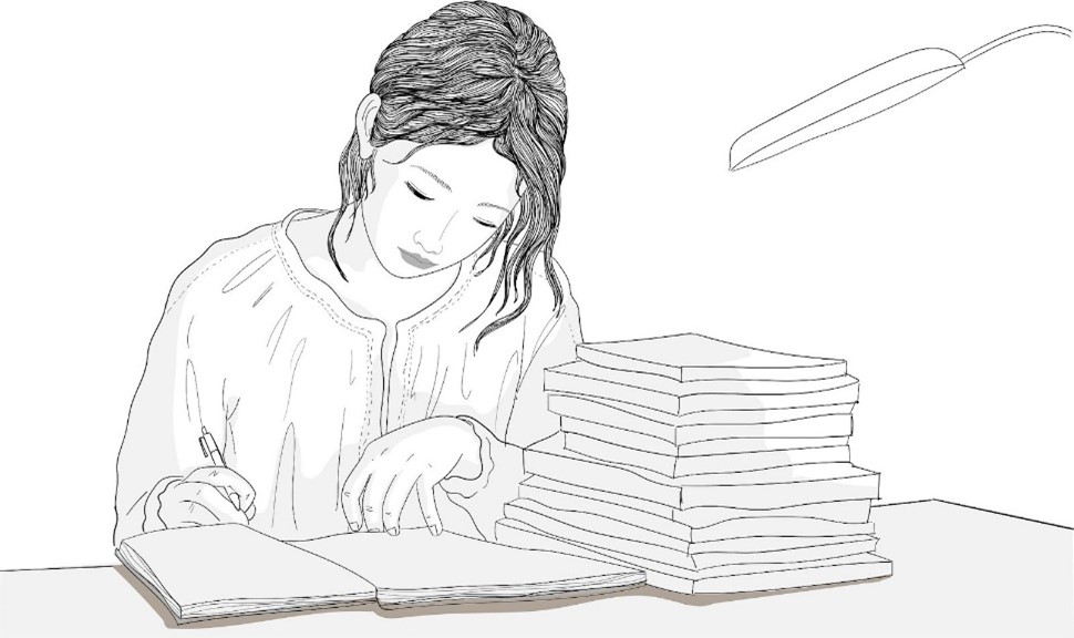 Piirroskuvasssa henkilöllä on kynä kädessään ja muistikirja edessään. Muistikirjan vierellä on laatikkomaisia esineitä pinossa, ikään kuin paperipakkoja.