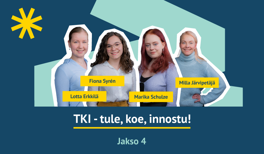 Neljä henkilöä poseeraa, taustana grafiikkaa.