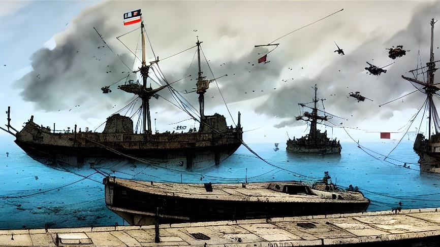 Kuvassa näkyy sota-aluksia satama-alueella. Ilmassa lentelee lentikoneita, joista yksi näyttää räjähtävän.