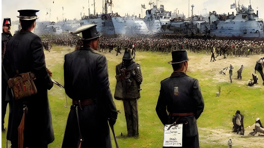Kuvassa näkyy ikään kuin historiallisiin sotilaisasuihin puhkeutuneita henkilöitä selin katsojaan. He näyttäisivät katselevan taka-alan ihmisjoukkoa, joka seisoo laivan näköisten hahmojen edustalla.