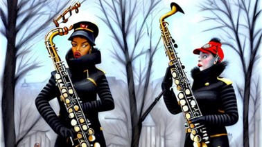 Kuvassa on kaksi saksofonin tapaisia puhallinsoittimia kädessään pitävää hahmoa. Taka-alalla on utuinen puisto.
