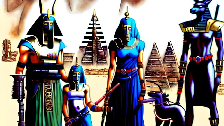 Kuvassa on näkyvillä kolme muinaisen Egyptin tyylistä hahmoa ja heidän oikealla puolellaan yksi koiramainen hahmo sekä yksi eläinpäähineen puhenut ihmishahmo, pappi tai vastaava.