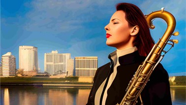 Kuvassa on etualalla naishahmo, jolla on kädessään saksofonin tapainen soitin. Taka-alalla näkyy järven takana olevia rakennuksia, joiden yllä on sininen taivas ja sillä hienoista poutapilviutua.