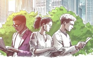 Kuvassa on kolme henkilöä, jotka lukevat joko läppäriltä, tabletilta tai mobiililsta jotakin. Taustalla on vihreää puiden tai pensaiden lehvästöä ja niiden takana korkeita kaupunkirakennuksia.
