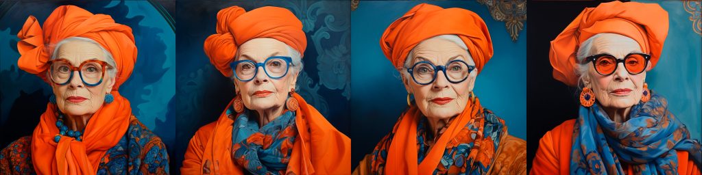 Kuva koostuu neljästä kuvasta ikääntyneestä naisoletetusta. hänellä kussakin kuvassa hivenen erilaiset vaatteet, päähine ja silmälasit, mutta väreinä kaikissa kuvissa on vahva oranssi ja turkoosi.