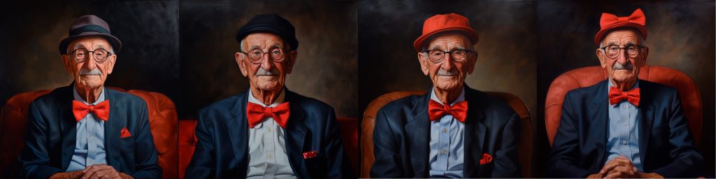 Kuva koostuu neljästä kuvasta, joissa kussakin on ikääntynyt miesoletettu. Hänellä on kahdessa kuvassa päässään punainen hattu, joista toisessa on rusetti. Yhdessä kuvassa hänellä on päässään musta hattu ja yhdessä harmaa lierihattu. Hänellä on punainen rusetti kaikissa kuvissa.