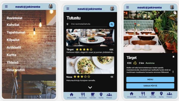 Kuvassa näkyy kolme mobiilikuvaa ideoidusta sovelluksesta. Ensimmäisessä kuvassa on taustalla tiiliseinä ja sen edessä ravintolapöytä tuoleineen. Toisessa kuvassa esitellään kahta ravintolaa etsi ravintolaa -listauksessa: Tårgetia ja Nooaa. Kolmannessa kuvassa näkyy Tårgetin esittelynäkymä, josta on mahdollista valita etenemisreitiksi menu tai varaa pöytä.