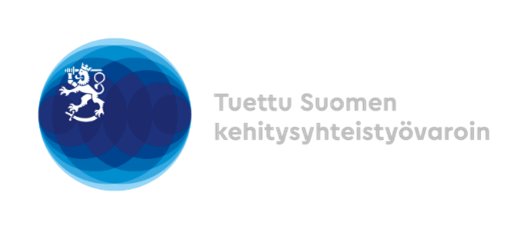 Kuvassa näkyy sininen pallo, jonka sisällä on erisävyisiä ja erikokoisia palloja sekä Suomen leijonatunnus.