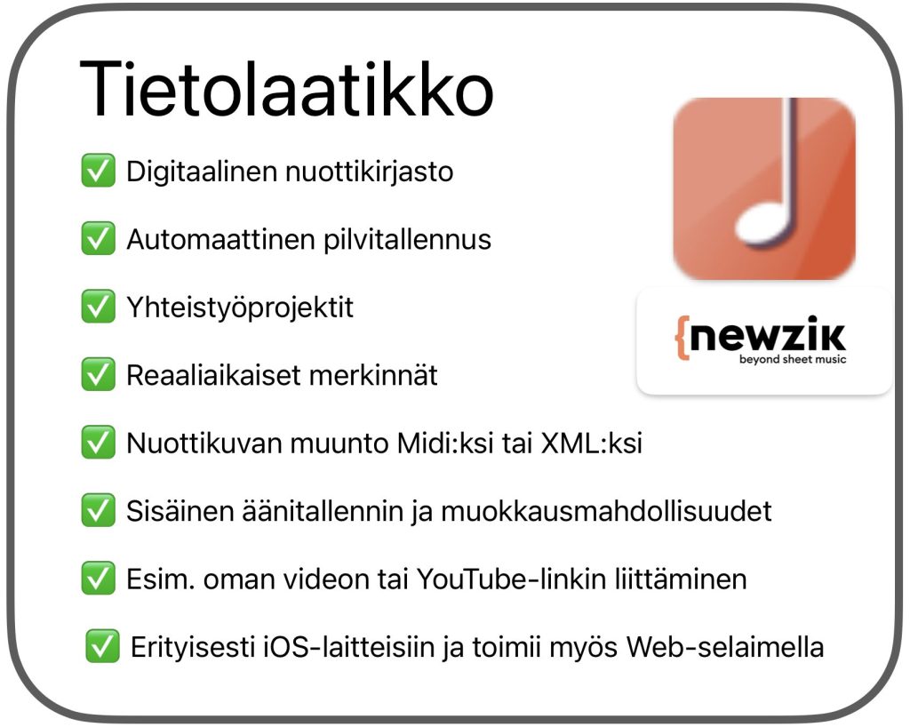 Kuvassa on tietolaatikko, joka esittää Newzikin sisällön: digitaalinen nuottikirjasto, automaattinen pilvitallennus, yhteistyöprojektit, reaaliaikaiset merkinnät, nuottikuvion muunto Midi:ksi tai XML:ksi, sisäinen äänitallennin ja muokkausmahdollisuudet, esim. oman videon tai YouTube-linkin liittaminen, erityisesti iOS-laitteisiin ja toimii myös Web-selaimella.