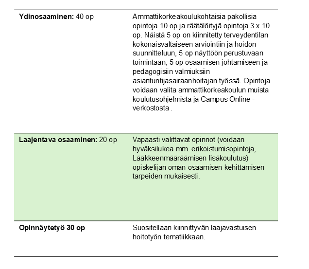 Taulukossa kerrotaan sairaanhoitajan ylemmän AMK-tutkinnon rakenteesta.