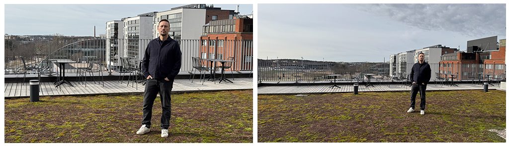 Kaksi kuvaa, toisessa henkilö on etualalla, toisessa kauempana.