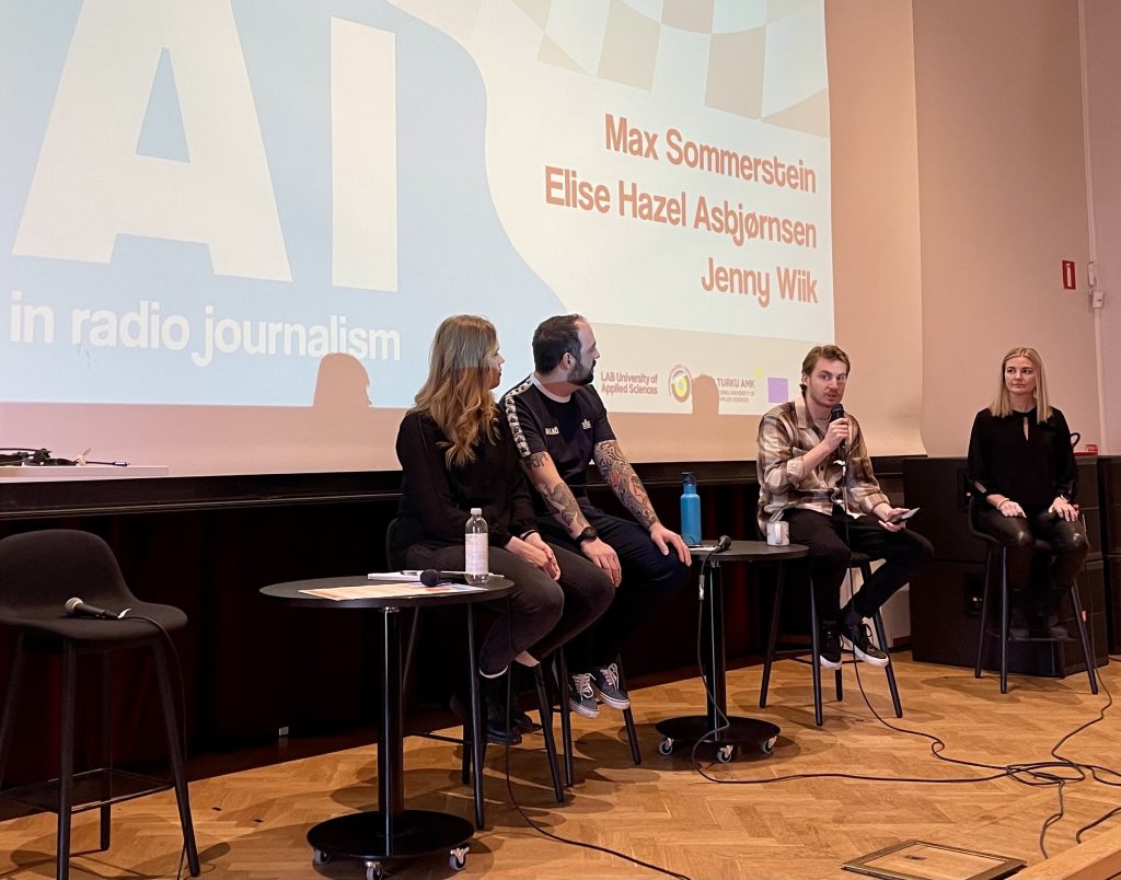 Kuvassa on neljä paneelikeskustelijaa seminaarissa: Max Sommerstein, Elise Hazel Asbjornsen ja Jenny Wiik.