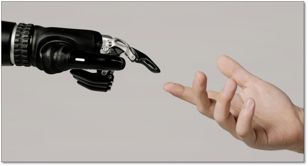 robot hand and human hand touching each other with pointing fingers