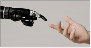 robot hand and human hand touching each other with pointing fingers