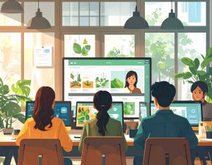 Picture made with Adobe Firefly: A realistic editorial photo-style illustration showing adult learners in a modern online learning environment.