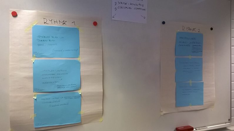 Seinälle on kiinnitetty ryhmätöitä julisteina ja papereina.