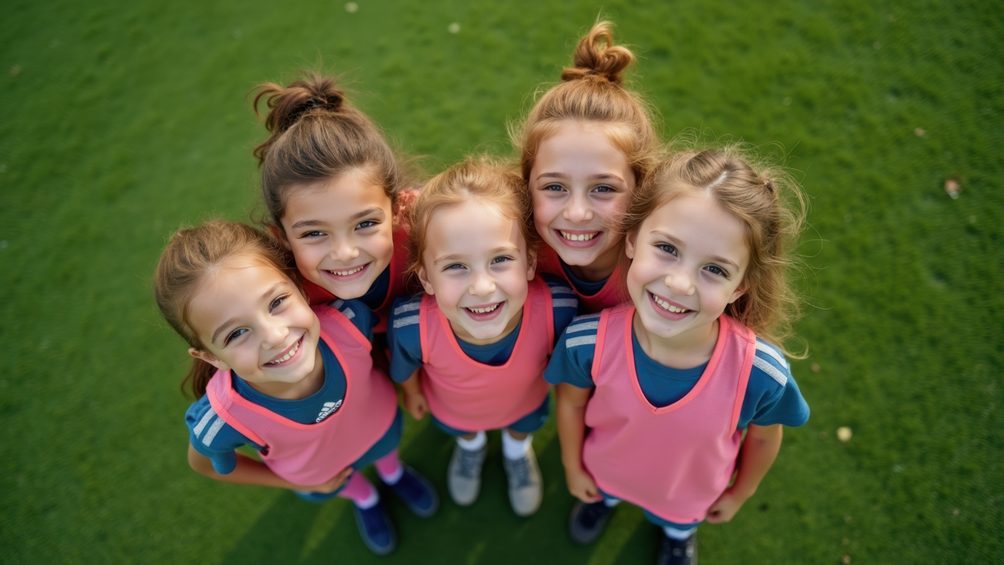 Kuvassa on viisi nuorta pelipaidat päällään. He hymyilevät iloisesti.