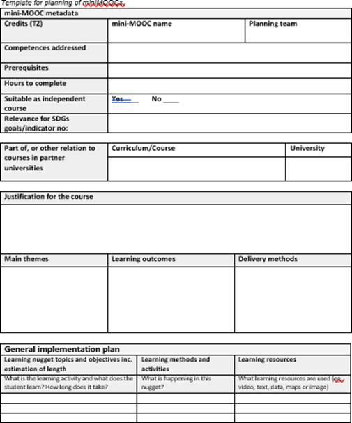 Taulukko mini-MOOC-koulutuksen suunnittelutiedoista.