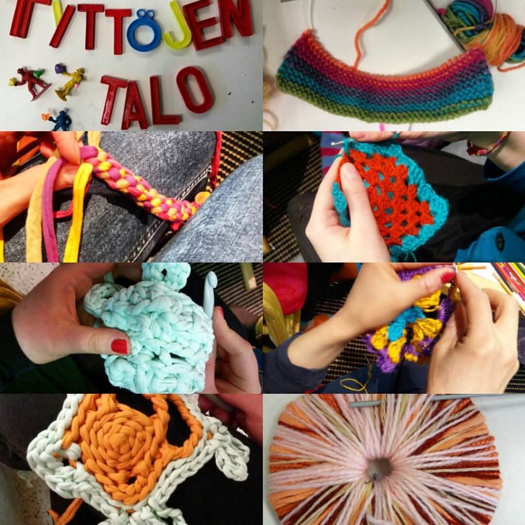 Erilaisia käsitöitä esillä pienkuvina ja teksti Tyttöjen talo.