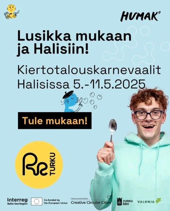 Mainoskuva, jossa tekstiä ja henkilö lusikka kädessä kutsuu Halisiin.