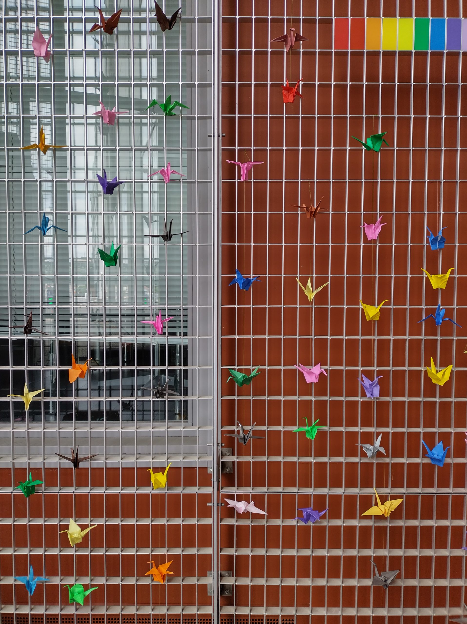 Seinä, jossa on verkko. Siihen on kiinnitetty origamikurkia.