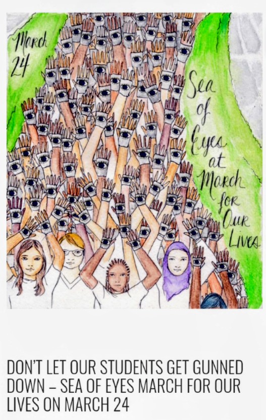 Piirroskuva, jossa paljon silmiä. Teksti: Sea of Eyes at March for Our Lives.