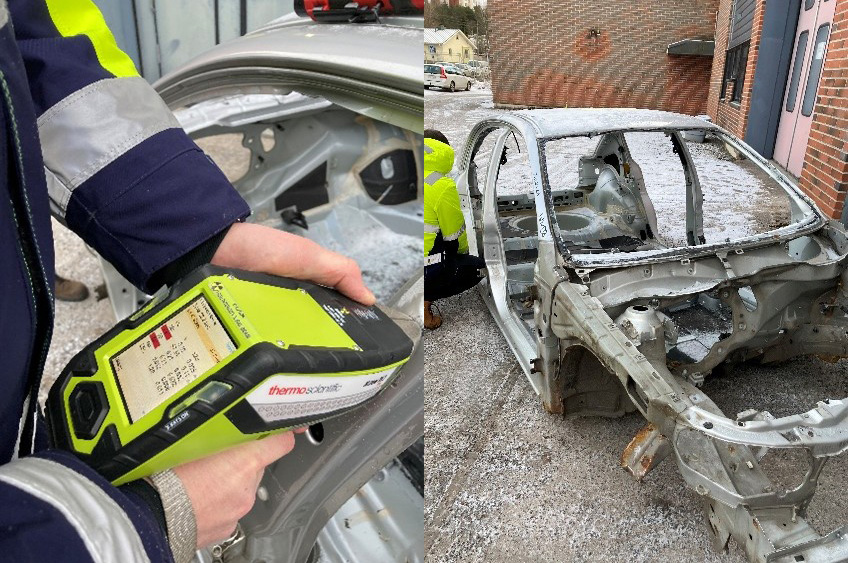 Vasemmalla käytetään analysaattoria metallin tunnistukseen, oikealla romuauto.