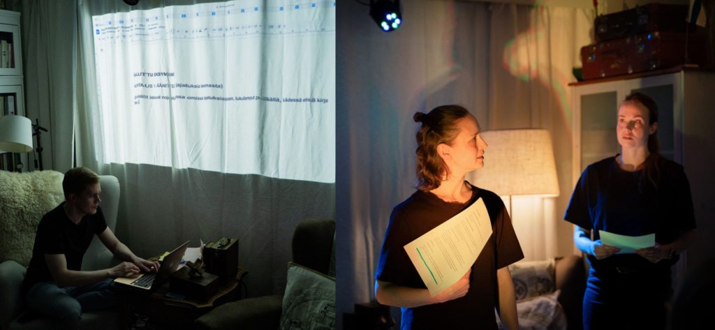 Kuvassa näkyy henkilö kirjoittamassa läppärillä, hänen vierellään ikkunaverhoihin heijastettu teksti ja lisäksi kaksi henkilöä, joilla on paperit käsissään.