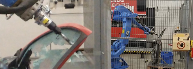 Kaksi kuvaa yhdistetty, molemmissa robotti rikkoo lasia.