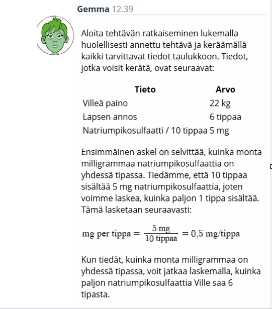 kuvakaappaus Gemman ohjeistuksesta laskun aloittamiseen.