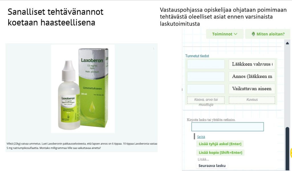 Kuvakaappaus eMathStudio-ohjelmasta lääkelaskun aloittamisesta.