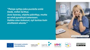 Esimerkki Etänä hyvin -hankkeen oppimismateriaalin tekijäpersoonasta. Ruudulla sairaanhoitajaesimerkki etätyössä.