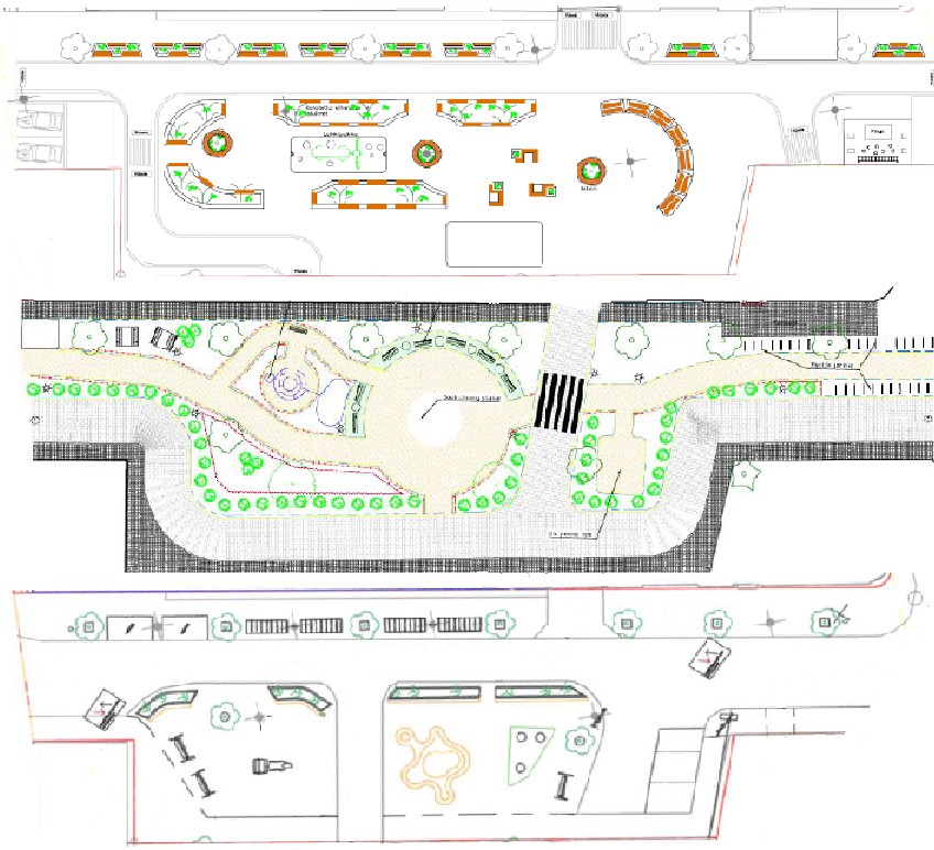 Kuva 2. Planning at Urban Areas -kurssilla laaditut kolme yleissuunnitelmavaihtoehtoa toivat esiin erilaisia tapoja kehittää Carlo Bassin aukiota