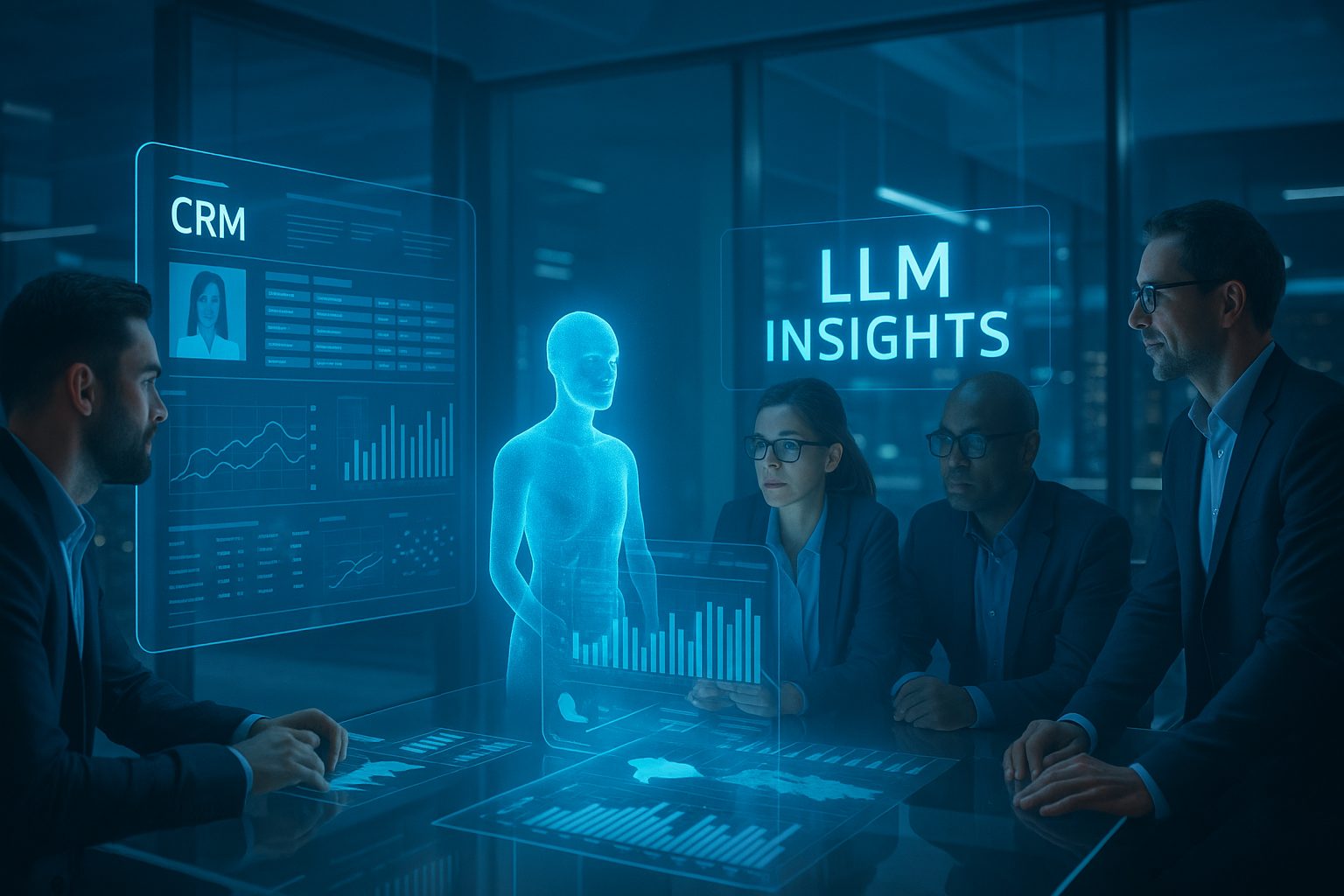 AI and CRM collaboration enhanced by LLM-driven insights. Generated with OpenAI DALL·E.