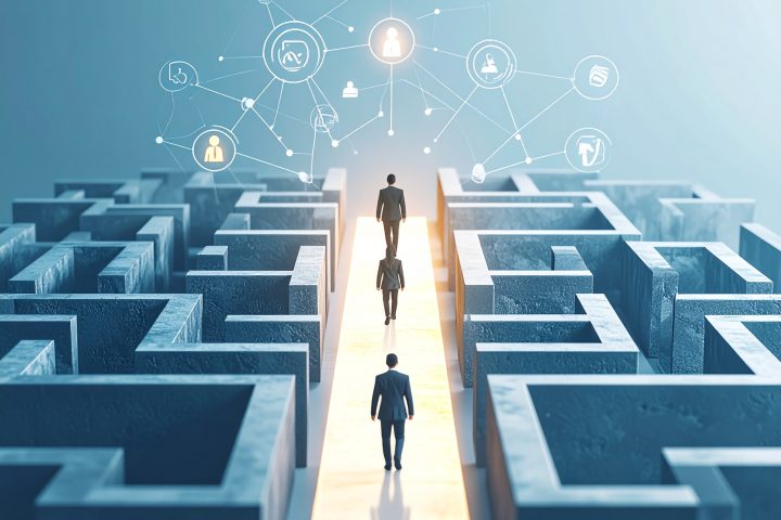A digital maze transforming into a straight illuminated path symbolizing simplification of complex internal processes