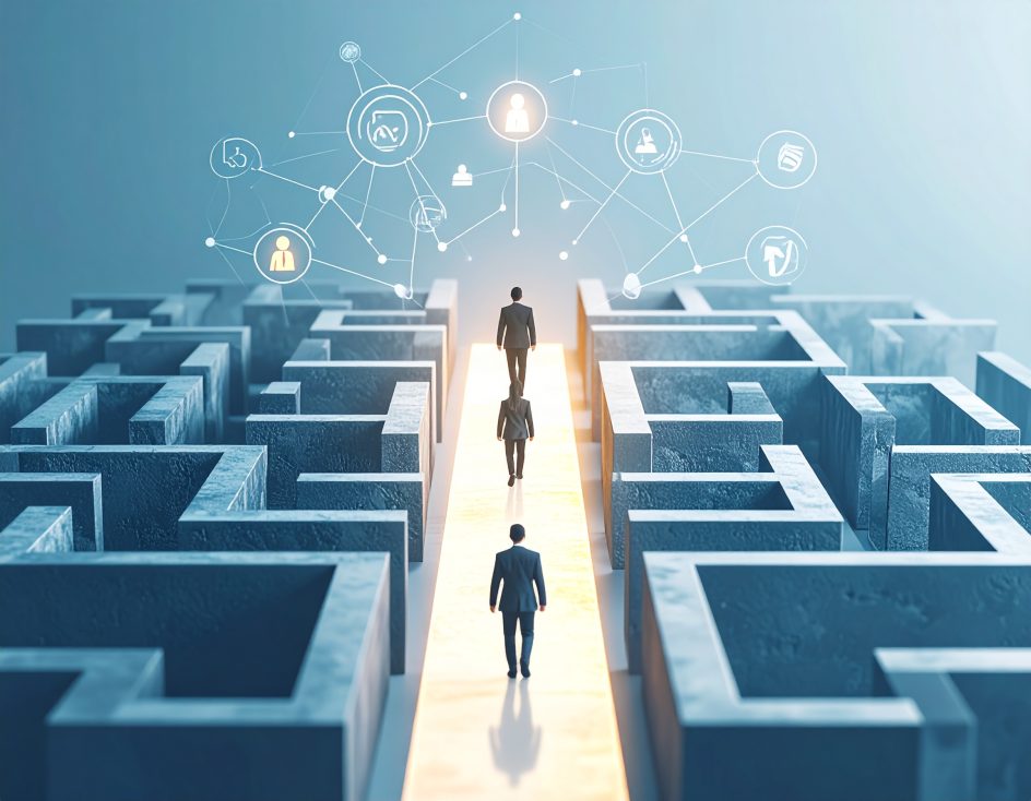 A digital maze transforming into a straight illuminated path symbolizing simplification of complex internal processes