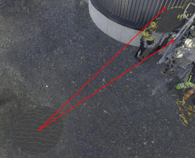 Kuva joka havainnollistaa kuinka katvealue muodostuu, kun laserkeilaimen ja tarkoitetun kohteen välissä on odottamaton este