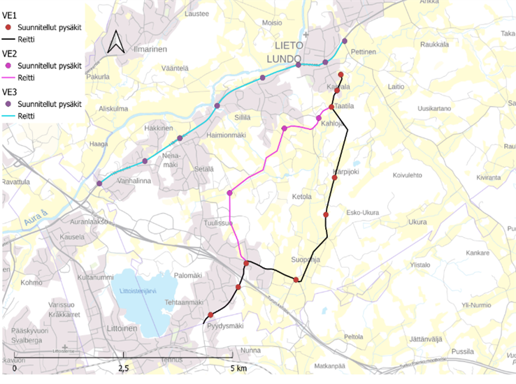 Kuva1 Raitiotien linjausvaihtoehdot sekä pysäkit kartalla