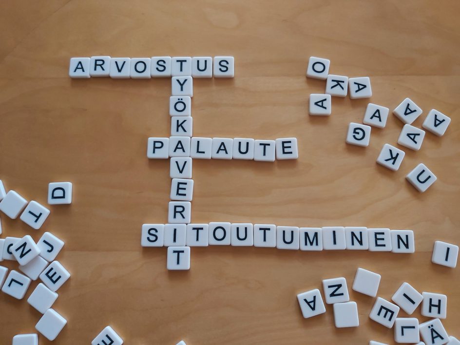Kuvassa näkyvät kirjoitettuna arvostus, palaute, sitoutuminen ja työkaverit.
