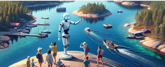 Kuvassa robotti (hatbot) joka puhuu matkailijoille saaristomaisemassa