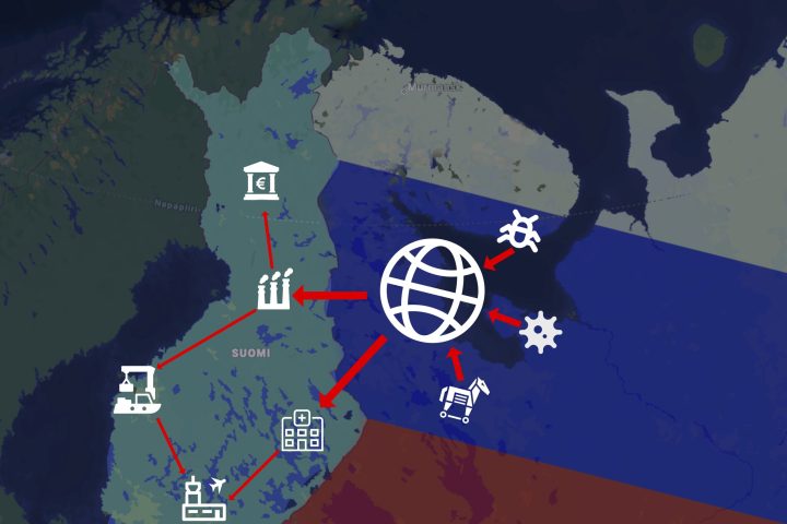 Artikkelikuva painottaa Venäjältä tulevia kyberuhkia ikonien avulla.