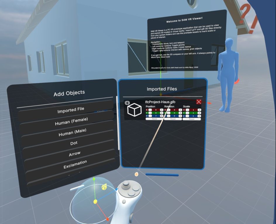 Näkymä VR-sovelluksesta, jossa tarkastellaan 3D-rakennuspiirustuksia realistisessa skaalassa. Kuvassa näkyy talomalli ja käyttöliittymä, jolla VR-ympäristöön tuotuja 3D-malleja voi siirtää tai käännellä.