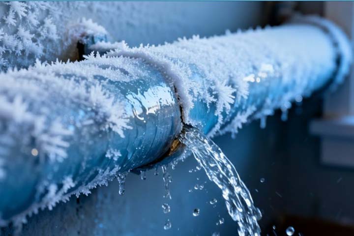 Jäinen putki, josta vuotaa vettä