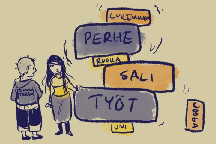 Piirroskuvassa huojuva torni, joka koostuu erilaisista palikoista joihin on kuvattu elämän eri osa-alueita/toimintoja.