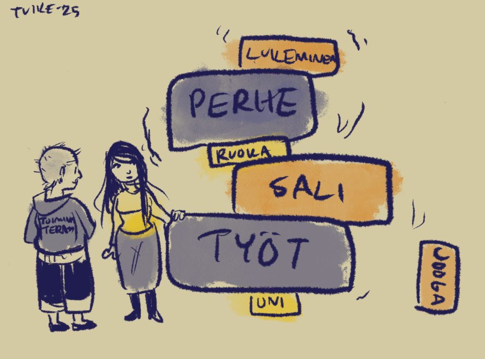 Piirroskuvassa huojuva torni, joka koostuu erilaisista palikoista joihin on kuvattu elämän eri osa-alueita/toimintoja.